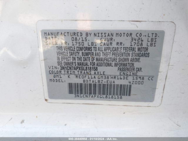 3N1CN7APXGL818158 Nissan Versa 1.6 Sv