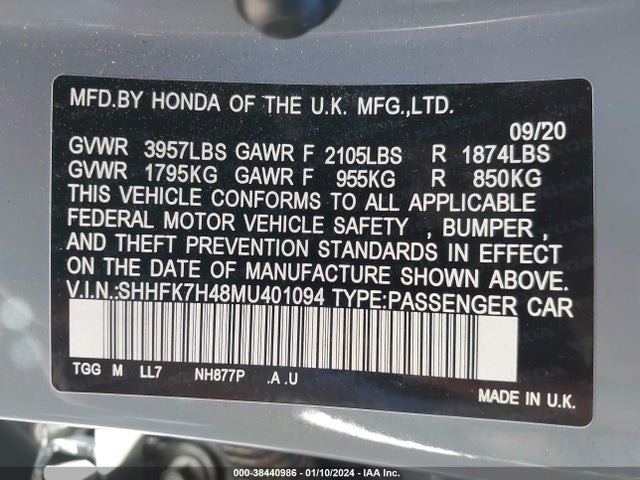 2021 HONDA CIVIC SPORT VIN: SHHFK7H48MU401094
