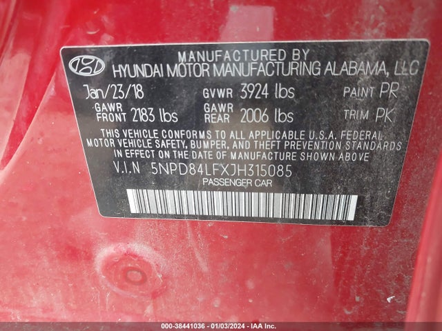2018 Hyundai Elantra Sel მანქანა იყიდება აუქციონზე, vin: 5NPD84LFXJH315085, აუქციონის ნომერი: 38441036