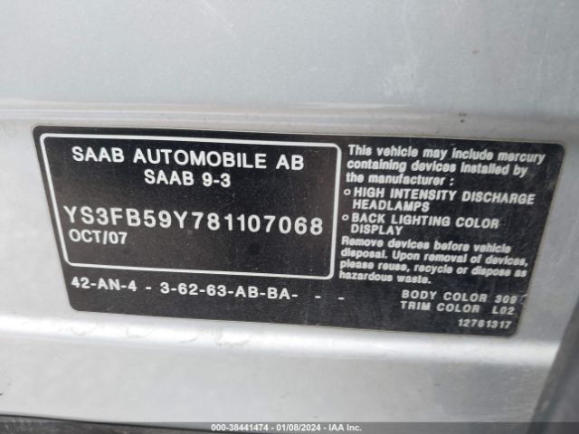 2008 SAAB 9-3 YS3FB59Y781107068 Photo 8