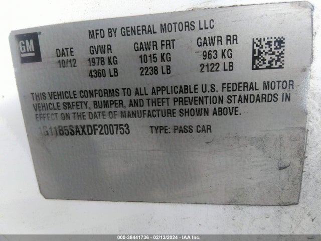 2013 CHEVROLET MALIBU 1LS VIN: 1G11B5SAXDF200753