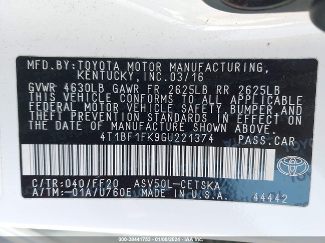 Toyota CAMRY SE 2016 4T1BF1FK9GU221374 Image 9