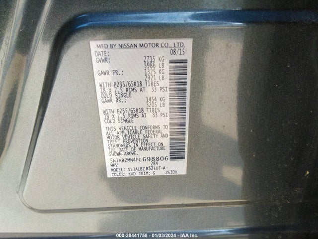 Nissan Pathfinder S 2015 5N1AR2MN4FC698806 Image 9