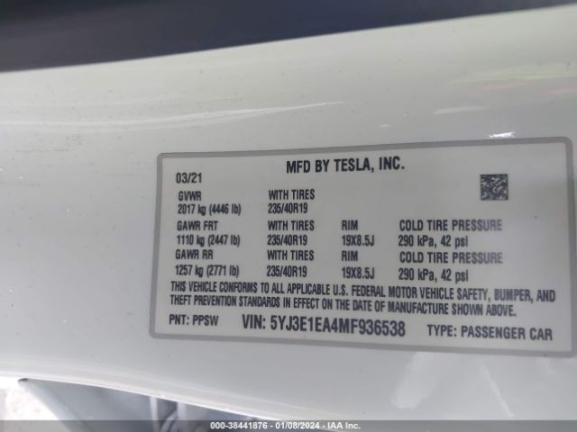 5YJ3E1EA4MF936538 Tesla Model 3 Standard Range Plus Rear-wheel Drive