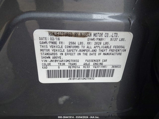 Infiniti Q70 3.7x 2016 JN1BY1AR1GM270932 Image 9