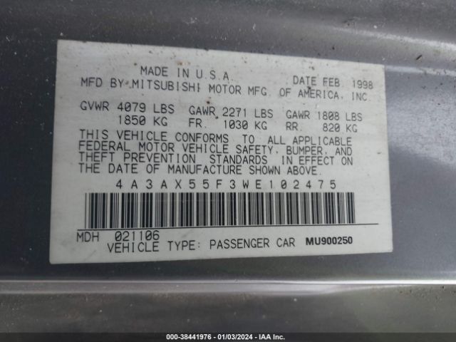 1998 MITSUBISHI ECLIPSE SPYDER 4A3AX55F3WE102475 Photo 8