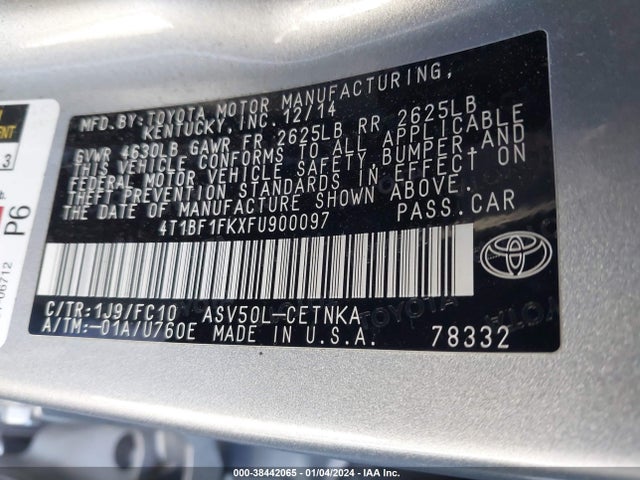 2015 Toyota Camry Le მანქანა იყიდება აუქციონზე, vin: 4T1BF1FKXFU900097, აუქციონის ნომერი: 38442065