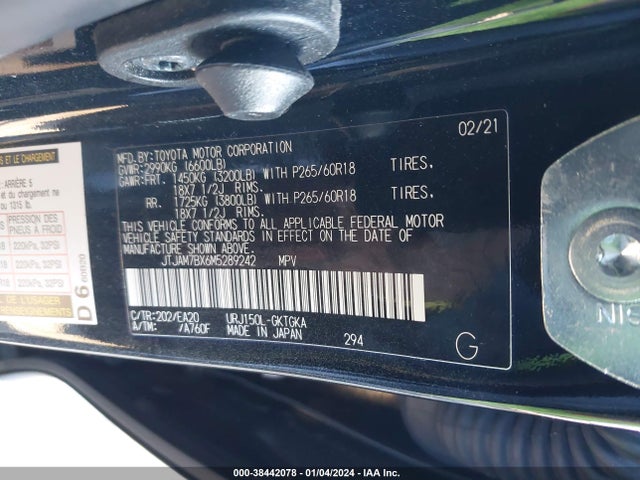 2021 LEXUS 460 PREMIUM VIN: JTJAM7BX6M5289242