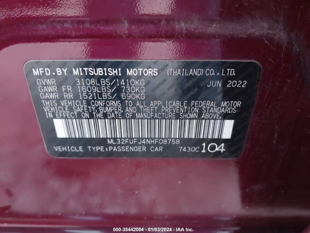 2022 MITSUBISHI MIRAGE G4 ES VIN: ML32FUFJ4NHF08758