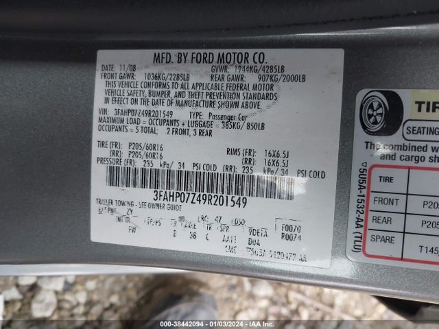 2009 FORD FUSION SE VIN: 3FAHP07Z49R201549