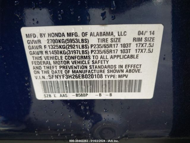 5FNYF3H26EB020108 Honda PILOT LX