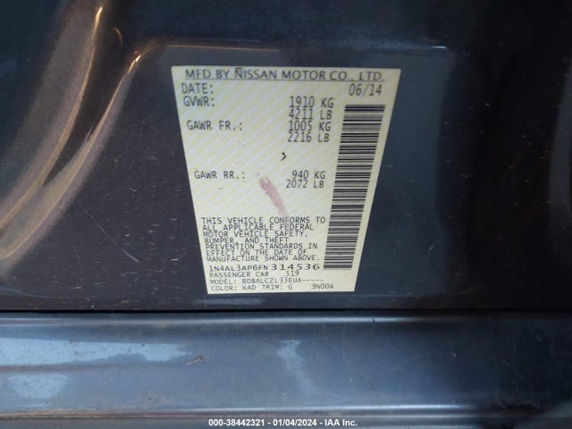 2015 NISSAN ALTIMA 2.5/2.5 S/2.5 SL/2.5 SV VIN: 1N4AL3AP6FN314536