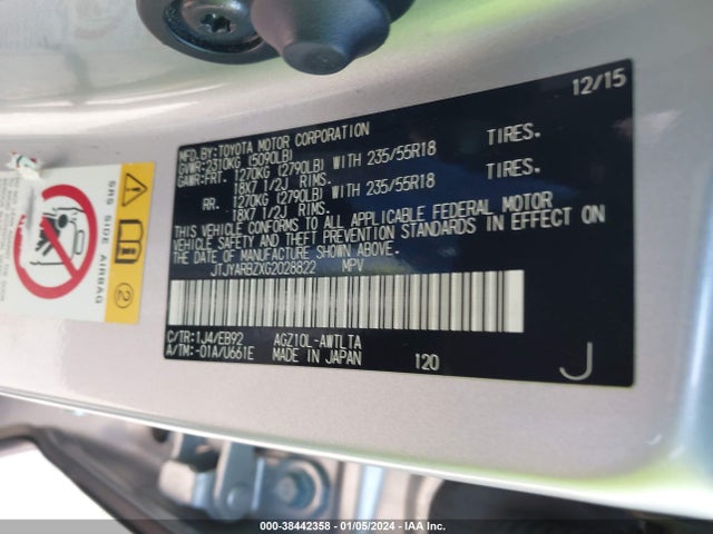 2016 LEXUS NX 200T F SPORT VIN: JTJYARBZXG2028822