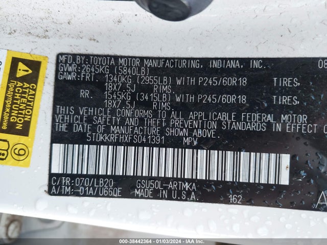 Toyota Highlander Xle V6 2015 5TDKKRFHXFS041391 Image 9
