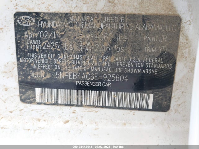 2014 HYUNDAI SONATA GLS VIN: 5NPEB4AC6EH925604