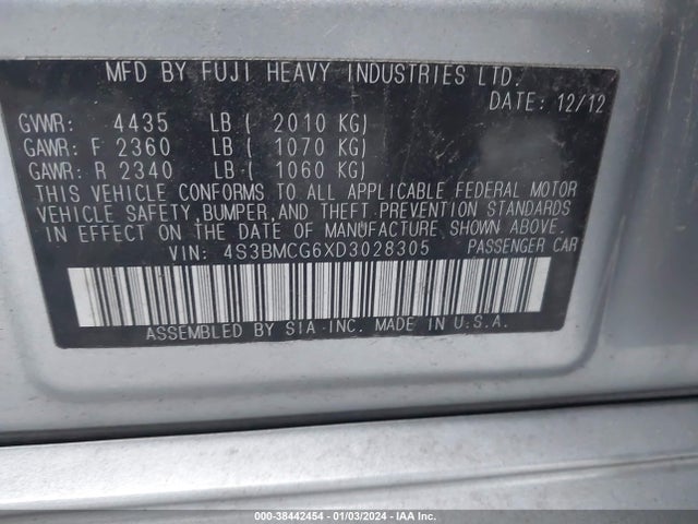2013 SUBARU LEGACY 2.5 I SPORT VIN: 4S3BMCG6XD3028305