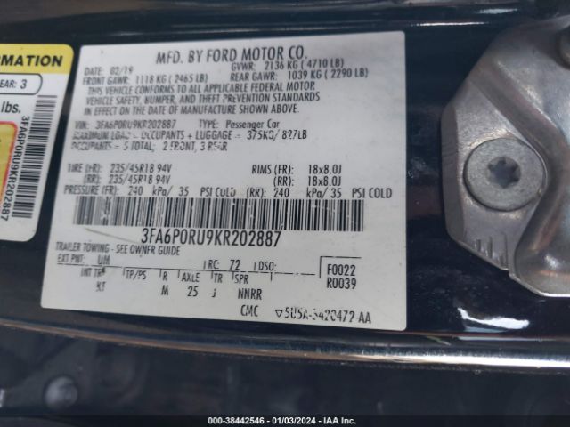 3FA6P0RU9KR202887 Ford Fusion Hybrid Titanium