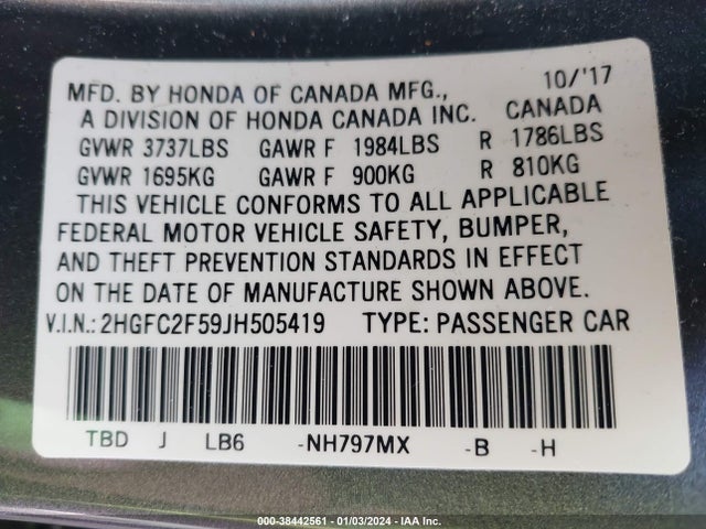 2018 Honda Civic Lx მანქანა იყიდება აუქციონზე, vin: 2HGFC2F59JH505419, აუქციონის ნომერი: 38442561