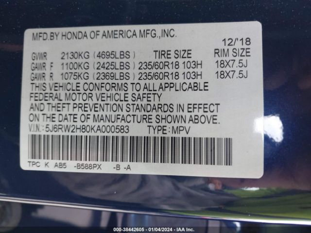 5J6RW2H80KA000583 Honda Cr-v Ex-l