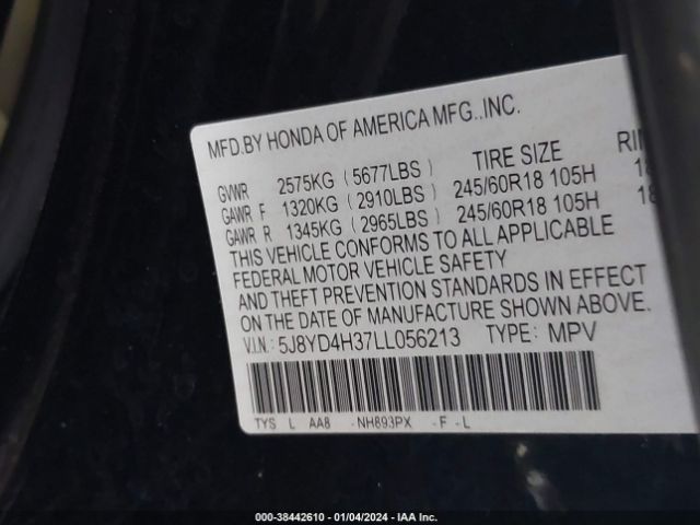 5J8YD4H37LL056213 Acura Mdx Standard
