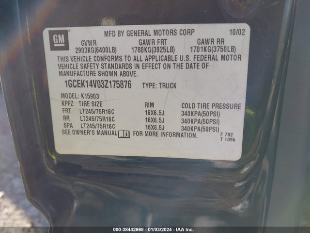 2003 CHEVROLET SILVERADO 1500 VIN: 1GCEK14V03Z175876