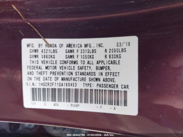 Honda ACCORD EX 2016 1HGCR2F71GA169453 Image 9