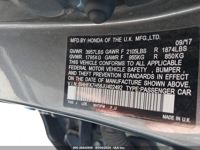 Honda CIVIC EX 2018 SHHFK7H58JU402492 Image 9