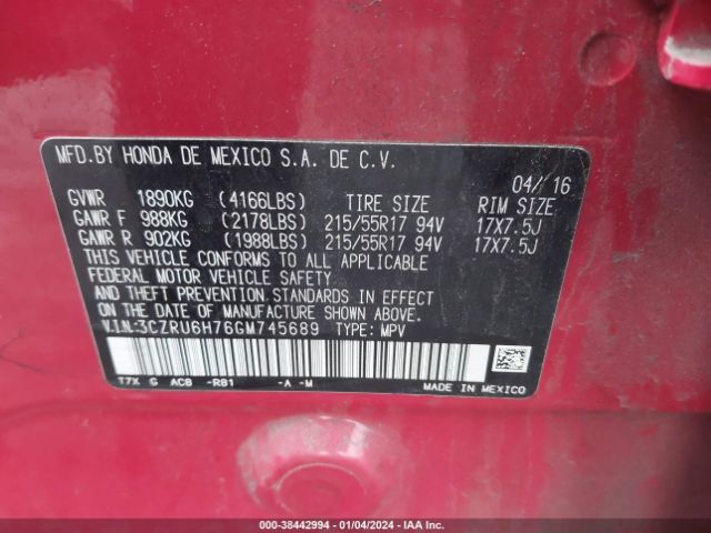 3CZRU6H76GM745689 Honda Hr-v Ex-l