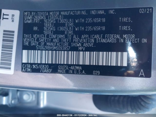 2021 TOYOTA HIGHLANDER 5TDGZRBH9MS093857 Photo 8