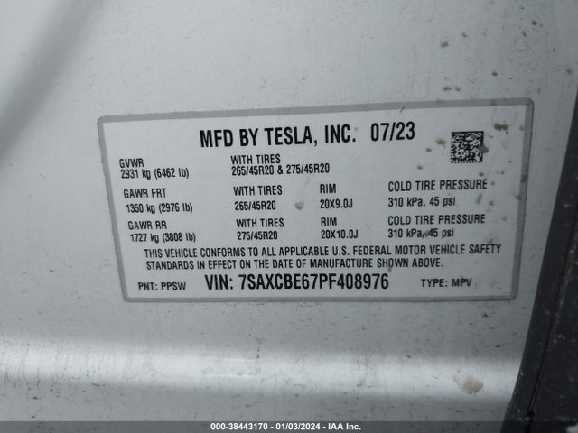 2023 TESLA MODEL X PLAID TRI MOTOR ALL-WHEEL DRIVE VIN: 7SAXCBE67PF408976