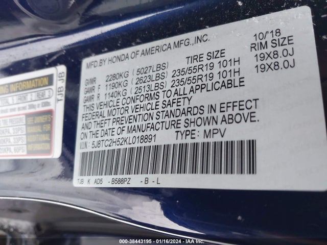 2019 ACURA RDX TECHNOLOGY PKG VIN: 5J8TC2H52KL018891