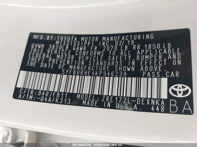Toyota COROLLA LE 2019 5YFBURHE4KP946239 Image 9