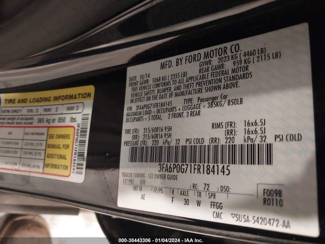 2015 FORD FUSION S VIN: 3FA6P0G71FR184145