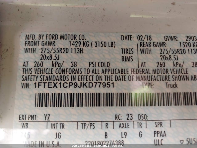 2018 FORD F-150 XL VIN: 1FTEX1CP9JKD77951