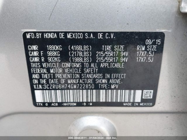 3CZRU6H74GM722850 Honda Hr-v Ex-l