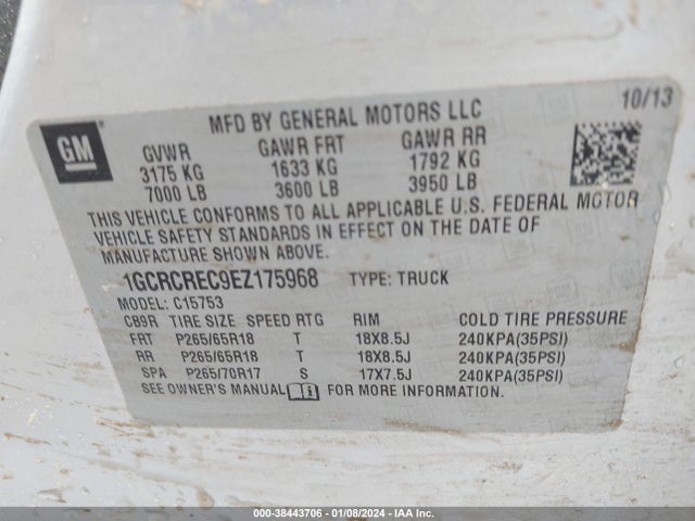 2014 CHEVROLET SILVERADO 1500 2LT VIN: 1GCRCREC9EZ175968