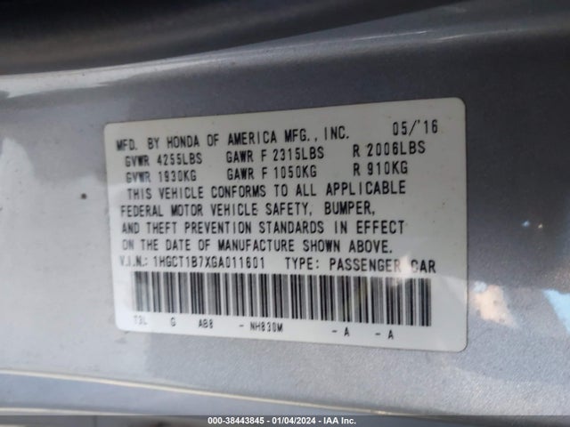 Honda ACCORD EX 2016 1HGCT1B7XGA011601 Image 9