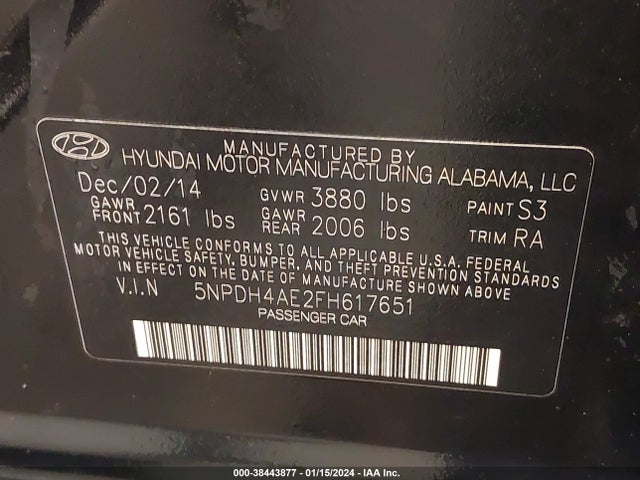 2015 HYUNDAI ELANTRA SE VIN: 5NPDH4AE2FH617651