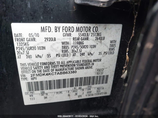 2010 FORD EDGE LIMITED VIN: 2FMDK4KC7ABB63380