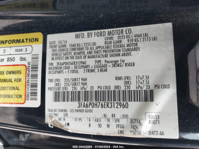 Ford FUSION SE 2014 3FA6P0H76ER312960 Image 9
