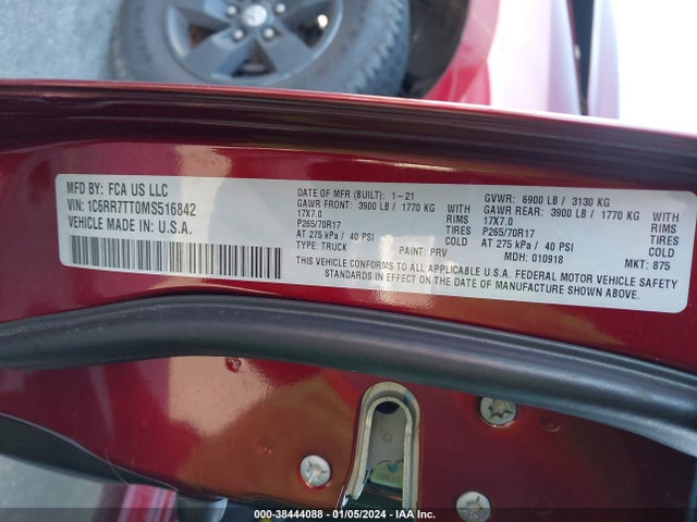2021 RAM 1500 CLASSIC SLT 4X4 6'4 BOX VIN: 1C6RR7TT0MS516842