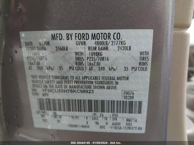 Aukcja sprzedaży 2008 Ford Escape Hybrid, vin: 1FMCU59H78KC98923, numer aukcji: 38444145