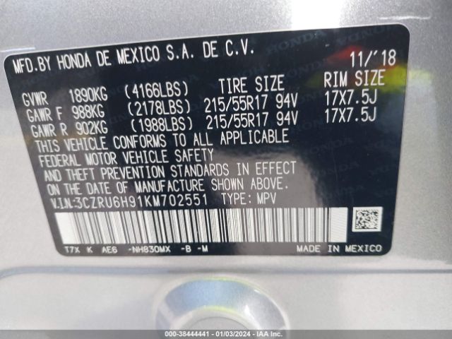 3CZRU6H91KM702551 Honda Hr-v Touring