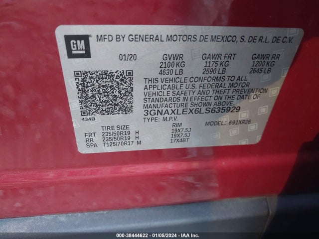 2020 CHEVROLET EQUINOX FWD LT 2.0L TURBO VIN: 3GNAXLEX6LS635929