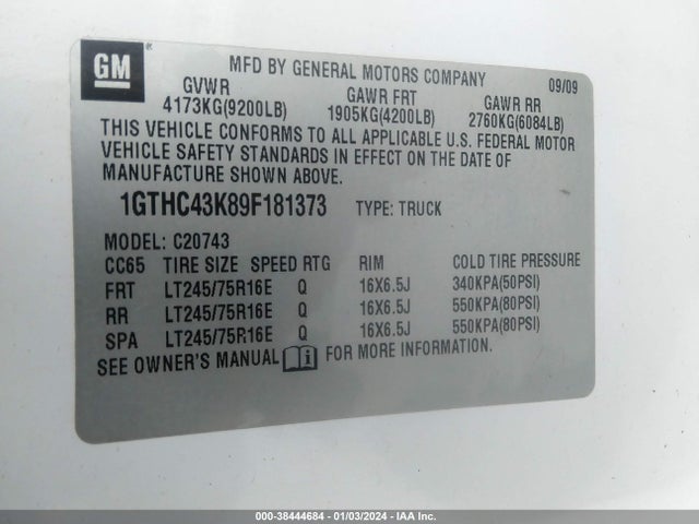2009 GMC SIERRA 2500HD WORK TRUCK VIN: 1GTHC43K89F181373