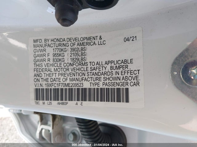 2021 HONDA CIVIC EX-L VIN: 19XFC1F70ME209523
