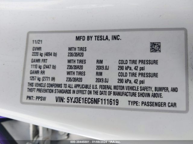5YJ3E1EC6NF111619 Tesla Model 3 Performance Dual Motor All-wheel Drive