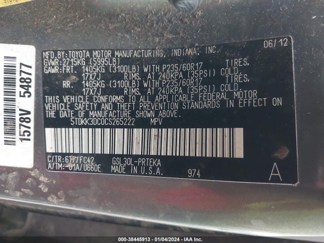 2012 TOYOTA SIENNA LE V6 8 PASSENGER VIN: 5TDKK3DC0CS265222