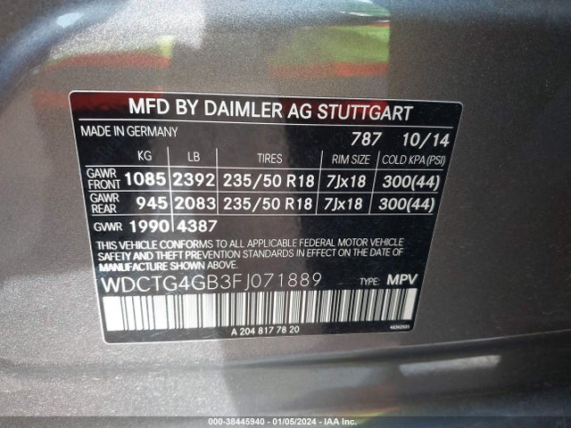 2015 MERCEDES-BENZ GLA 250 4MATIC VIN: WDCTG4GB3FJ071889