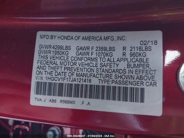 Honda ACCORD LX 2018 1HGCV1F17JA121416 Image 9